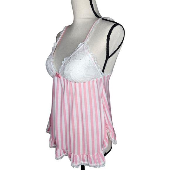 Vintage Victoria's Secret Pink Stripe Lace Cup Babydoll With Panties Set Medium - Picture 2 of 15